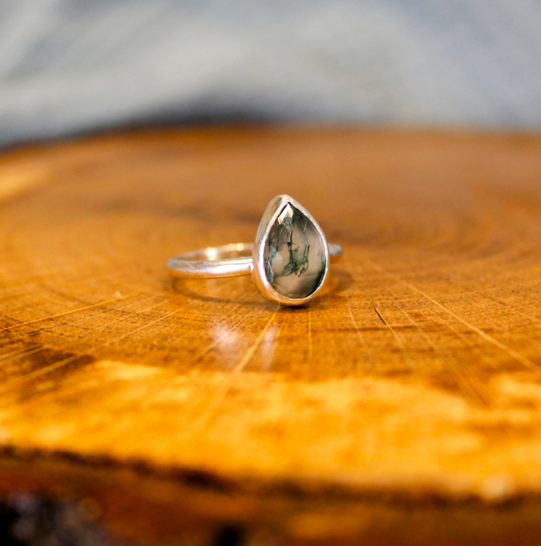 Moss Agate Silver Ring Handmade