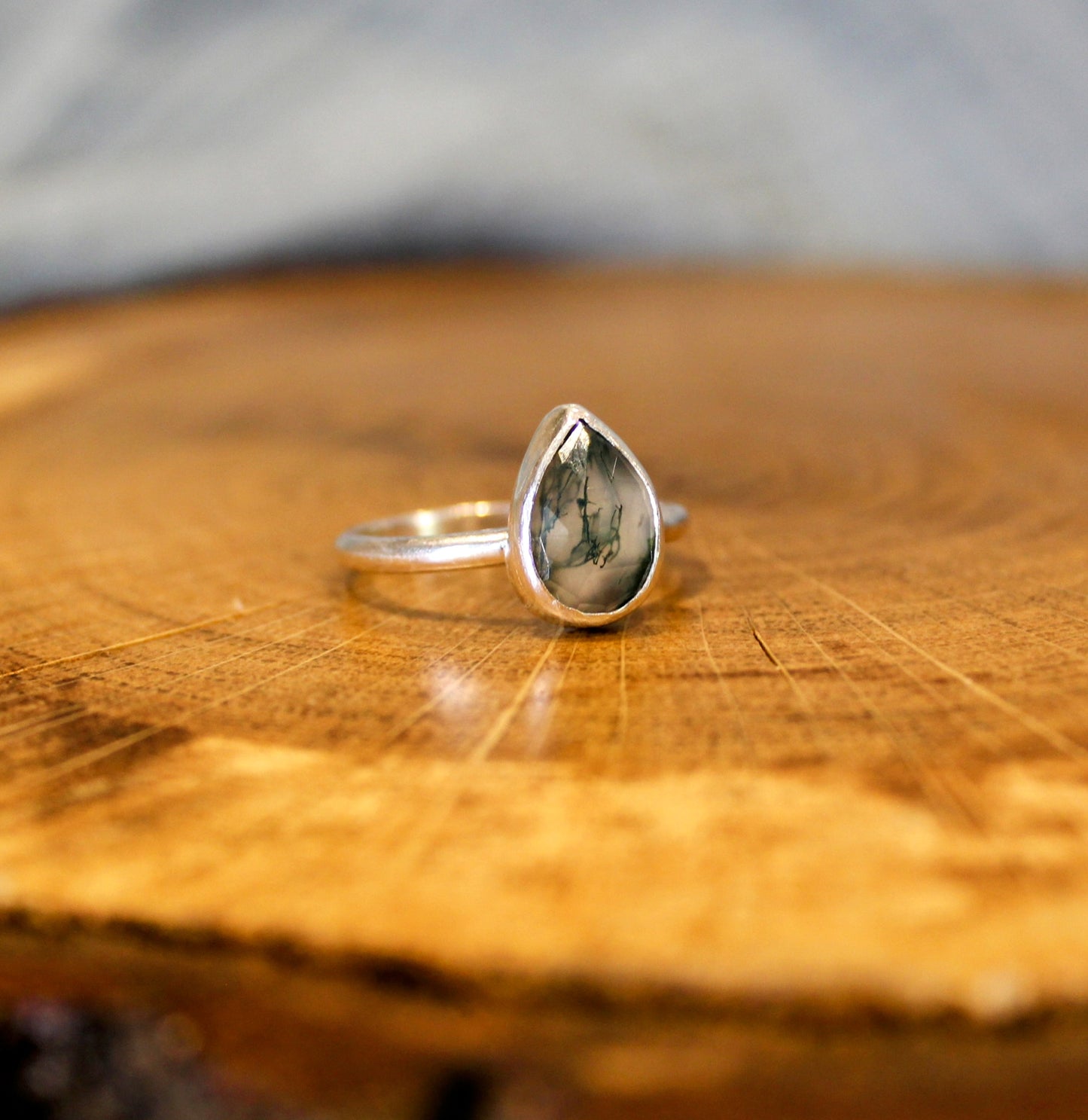 Moss Agate Silver Ring Handmade